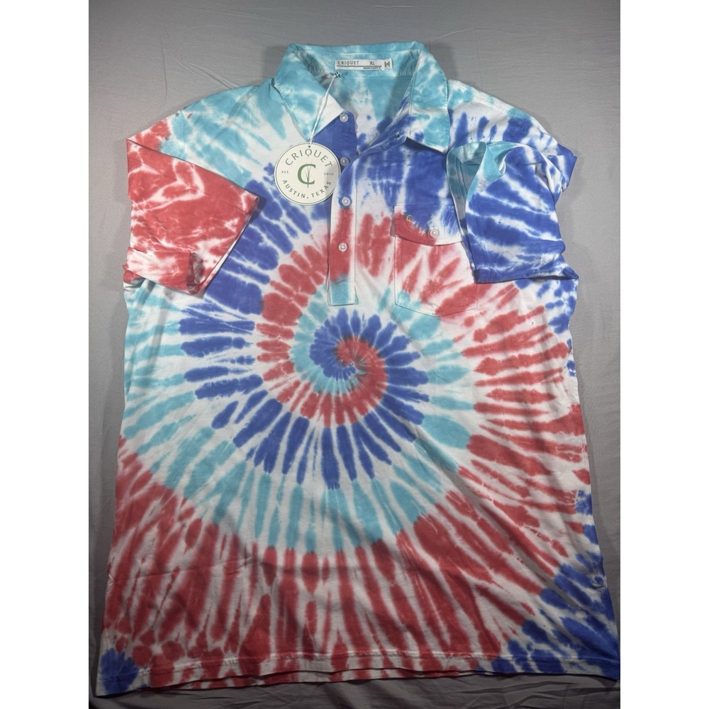 Criquet Men's Red White & Blue Tye-Dye Short Sleeve Polo Size XL NWT